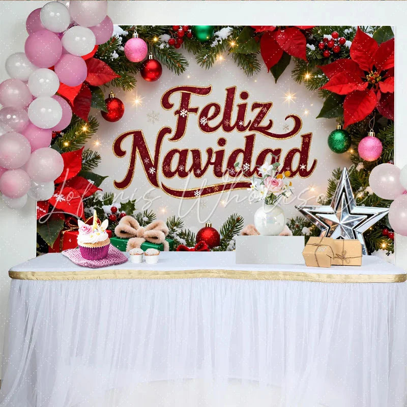 Lofaris Feliz Navidad Christmas Party Backdrop with Poinsettias Pine Branches and Festive Gifts