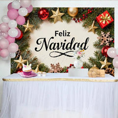 Lofaris Feliz Navidad Holiday Party Backdrop with Festive Red and Gold Ornaments Pine Branches and Gift Boxes