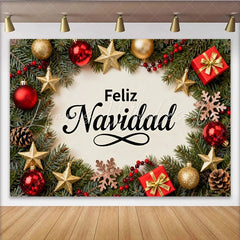 Lofaris Feliz Navidad Holiday Party Backdrop with Festive Red and Gold Ornaments Pine Branches and Gift Boxes
