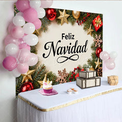 Lofaris Feliz Navidad Holiday Party Backdrop with Festive Red and Gold Ornaments Pine Branches and Gift Boxes
