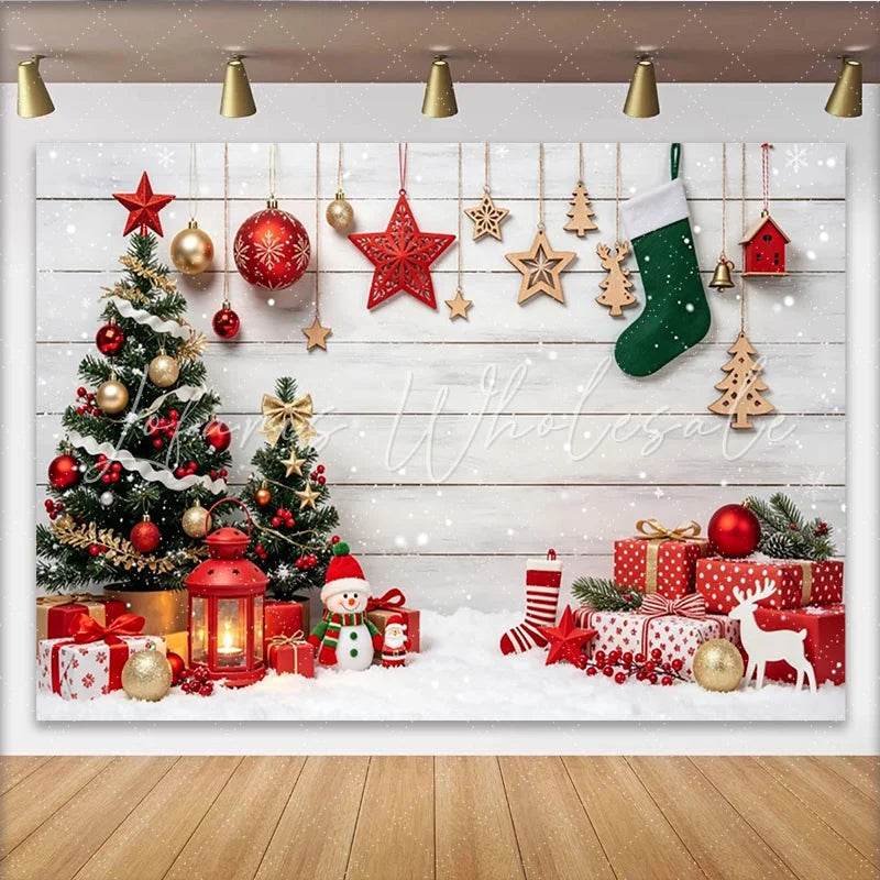 Lofaris Festive Christmas Backdrop with Decorated Trees Gifts and Falling Snow Winter Holiday Scene for Photography and Party Decor