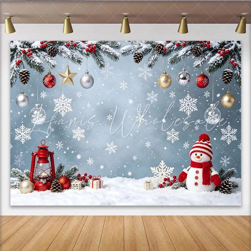 Lofaris Festive Christmas Backdrop with Snowman Snowflakes and Pine Branches Winter Holiday Party Decor for Photography