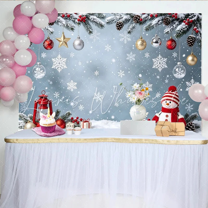 Lofaris Festive Christmas Backdrop with Snowman Snowflakes and Pine Branches Winter Holiday Party Decor for Photography