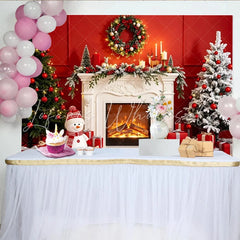 Lofaris Festive Christmas Fireplace Backdrop with Decorated Trees and Gifts Snowman and Wreath Holiday Decor for Family Photoshoot