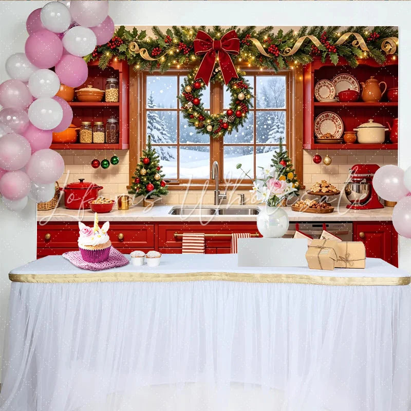 Lofaris Festive Christmas Kitchen Backdrop with Snowy Window and Wreath Cozy Holiday Decor Background for Family Photos and Winter Party