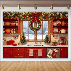 Lofaris Festive Christmas Kitchen Backdrop with Snowy Window and Wreath Cozy Holiday Decor Background for Family Photos and Winter Party
