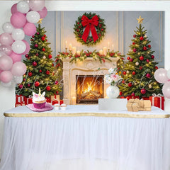 Lofaris Festive Christmas Tree and Fireplace Backdrop with Gifts Elegant Holiday Background for Family Photos and Winter Parties