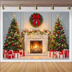 Lofaris Festive Christmas Tree and Fireplace Backdrop with Gifts Elegant Holiday Background for Family Photos and Winter Parties