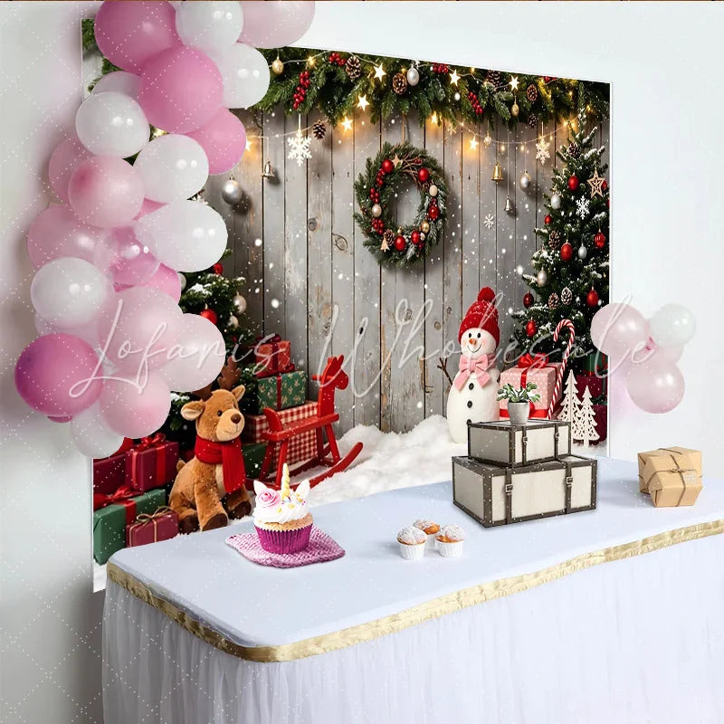 Lofaris Festive Christmas Tree and Snowman Holiday Backdrop with Gifts and Snow Wooden Wall Background for Winter Party Photography
