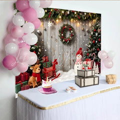 Lofaris Festive Christmas Tree and Snowman Holiday Backdrop with Gifts and Snow Wooden Wall Background for Winter Party Photography