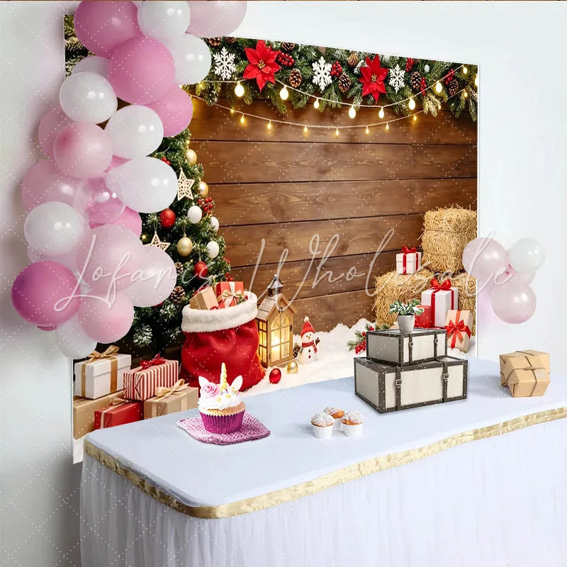 Lofaris Festive Christmas Tree Backdrop with Gifts and Wooden Wall Cozy Holiday Scene Background for Winter Photography