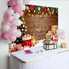 Lofaris Festive Christmas Tree Backdrop with Gifts and Wooden Wall Cozy Holiday Scene Background for Winter Photography