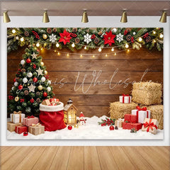 Lofaris Festive Christmas Tree Backdrop with Gifts and Wooden Wall Cozy Holiday Scene Background for Winter Photography
