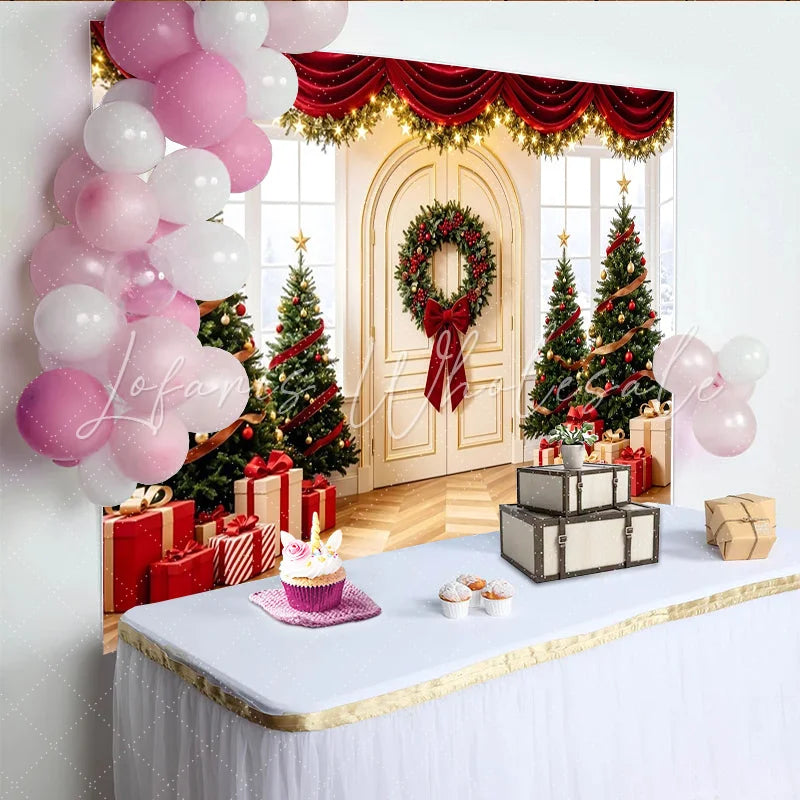 Lofaris Festive Christmas Tree Photography Backdrop with Red Drapes and Gifts Elegant Holiday Background for Winter Decor