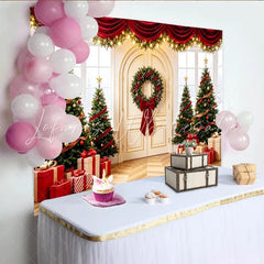Lofaris Festive Christmas Tree Photography Backdrop with Red Drapes and Gifts Elegant Holiday Background for Winter Decor