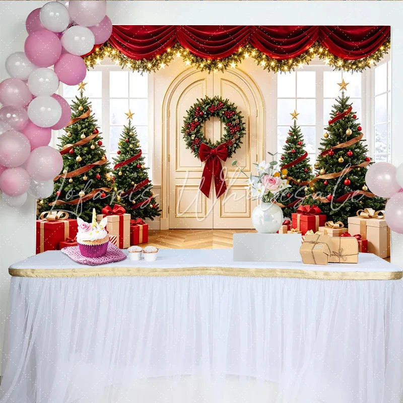 Lofaris Festive Christmas Tree Photography Backdrop with Red Drapes and Gifts Elegant Holiday Background for Winter Decor