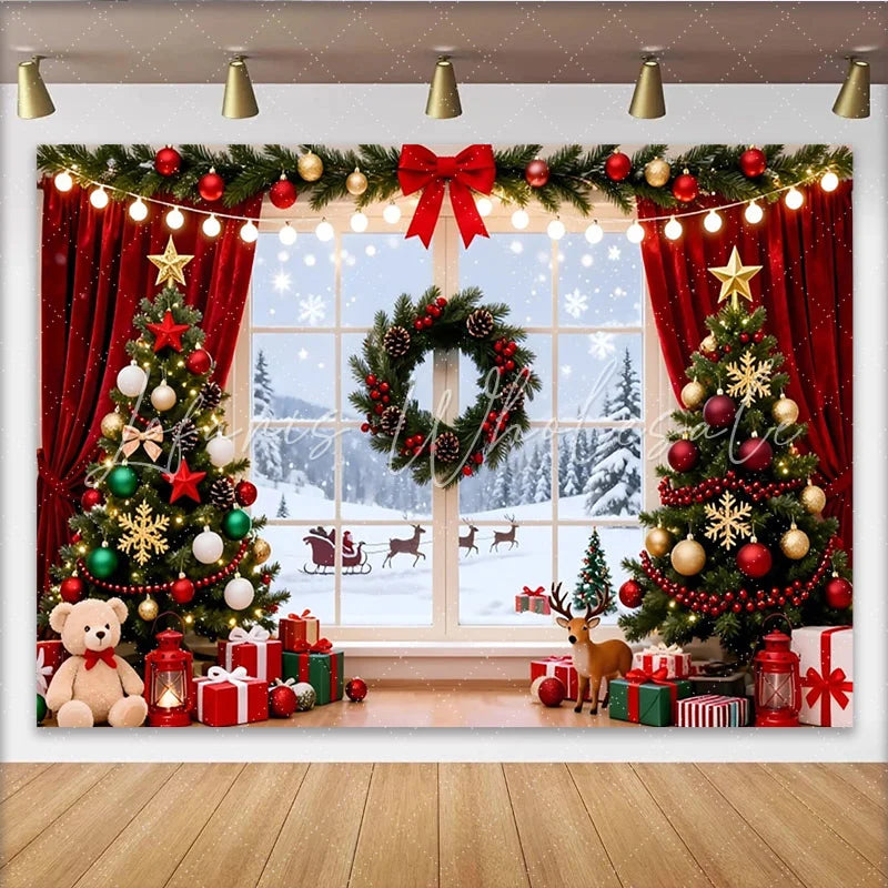 Lofaris Festive Christmas Tree Window Backdrop with Snowy Landscape and Gifts Winter Holiday Photography Background for Family Party Decor