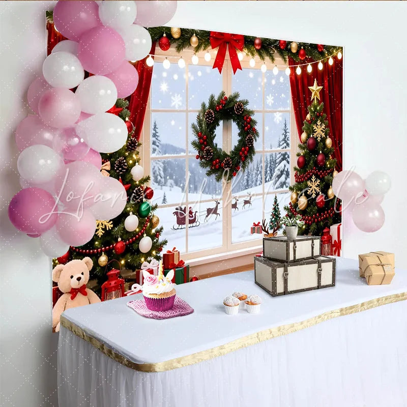 Lofaris Festive Christmas Tree Window Backdrop with Snowy Landscape and Gifts Winter Holiday Photography Background for Family Party Decor