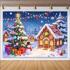 Lofaris Festive Christmas Winter Village Backdrop Gingerbread House and Snowman Scene Background for Holiday Party Decor