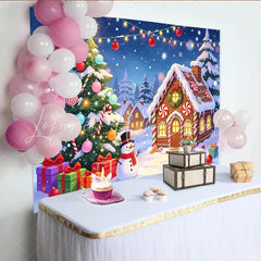 Lofaris Festive Christmas Winter Village Backdrop Gingerbread House and Snowman Scene Background for Holiday Party Decor