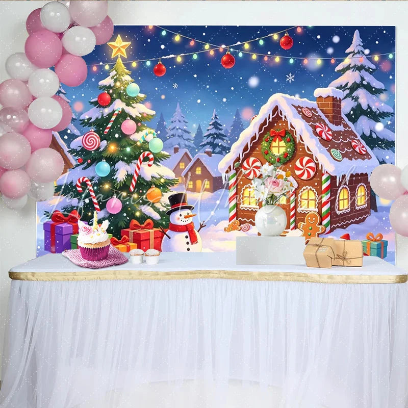 Lofaris Festive Christmas Winter Village Backdrop Gingerbread House and Snowman Scene Background for Holiday Party Decor