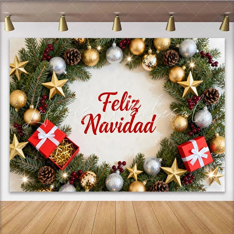 Lofaris Festive Feliz Navidad Christmas Wreath Party Backdrop Gold and Silver Ornaments for Holiday Decor