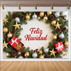 Lofaris Festive Feliz Navidad Christmas Wreath Party Backdrop Gold and Silver Ornaments for Holiday Decor