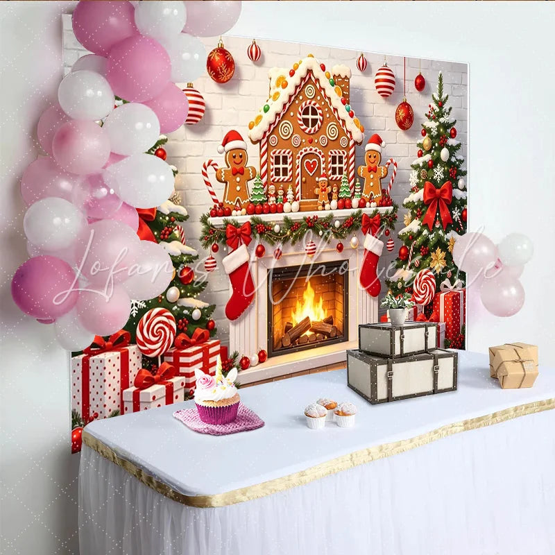 Lofaris Festive Gingerbread House Christmas Backdrop with Decorated Trees Cozy Fireplace Background for Holiday Party Decoration