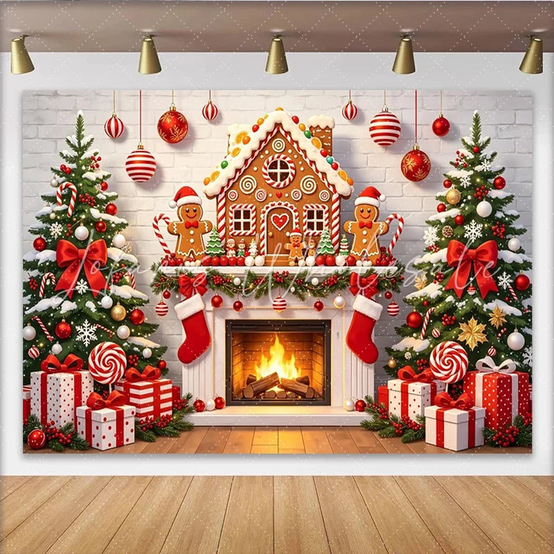 Lofaris Festive Gingerbread House Christmas Backdrop with Decorated Trees Cozy Fireplace Background for Holiday Party Decoration