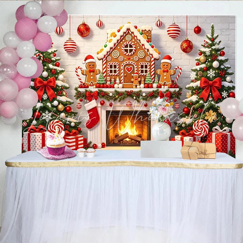 Lofaris Festive Gingerbread House Christmas Backdrop with Decorated Trees Cozy Fireplace Background for Holiday Party Decoration