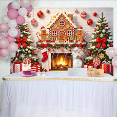 Lofaris Festive Gingerbread House Christmas Backdrop with Decorated Trees Cozy Fireplace Background for Holiday Party Decoration