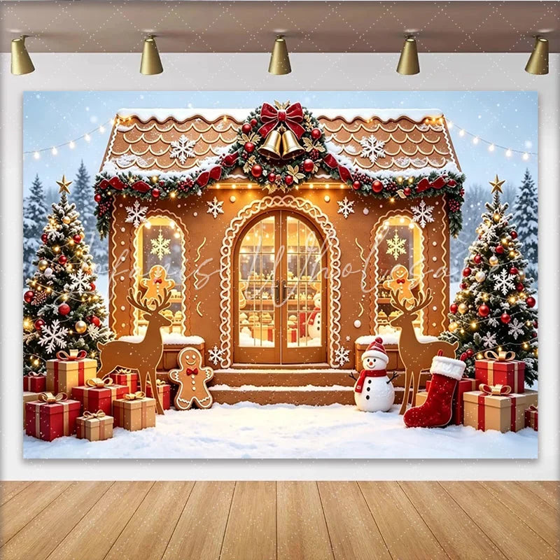 Lofaris Festive Gingerbread House Christmas Backdrop with Snowy Trees and Gifts Winter Holiday Photo Background for Party Decor