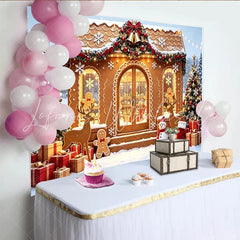 Lofaris Festive Gingerbread House Christmas Backdrop with Snowy Trees and Gifts Winter Holiday Photo Background for Party Decor