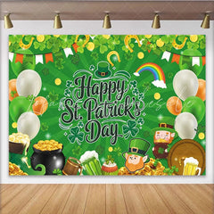 Lofaris Festive Green Happy St. Patrick’s Day Party Backdrop featuring Shamrocks Leprechaun and Pot of Gold