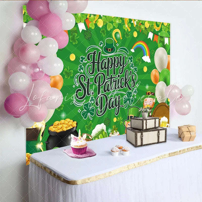 Lofaris Festive Green Happy St. Patrick’s Day Party Backdrop featuring Shamrocks Leprechaun and Pot of Gold