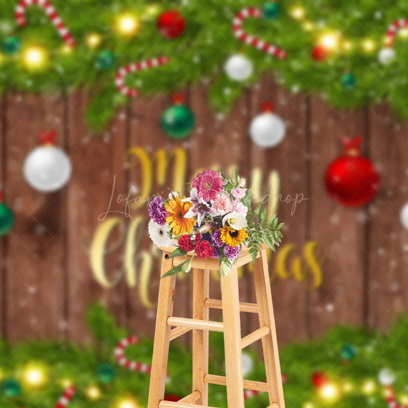 Lofaris Festive Green Leaves Snow Wood Christmas Backdrop