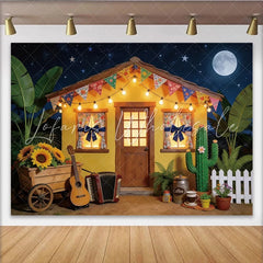 Lofaris Festive Mexican Fiesta Backdrop with Yellow House and String Lights Full Moon Night Background for Party Decor