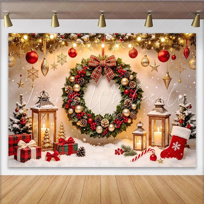 Lofaris Festive Red and Gold Christmas Backdrop with Wreath and Lanterns Cozy Winter Scene Photography Background for Holiday Decor