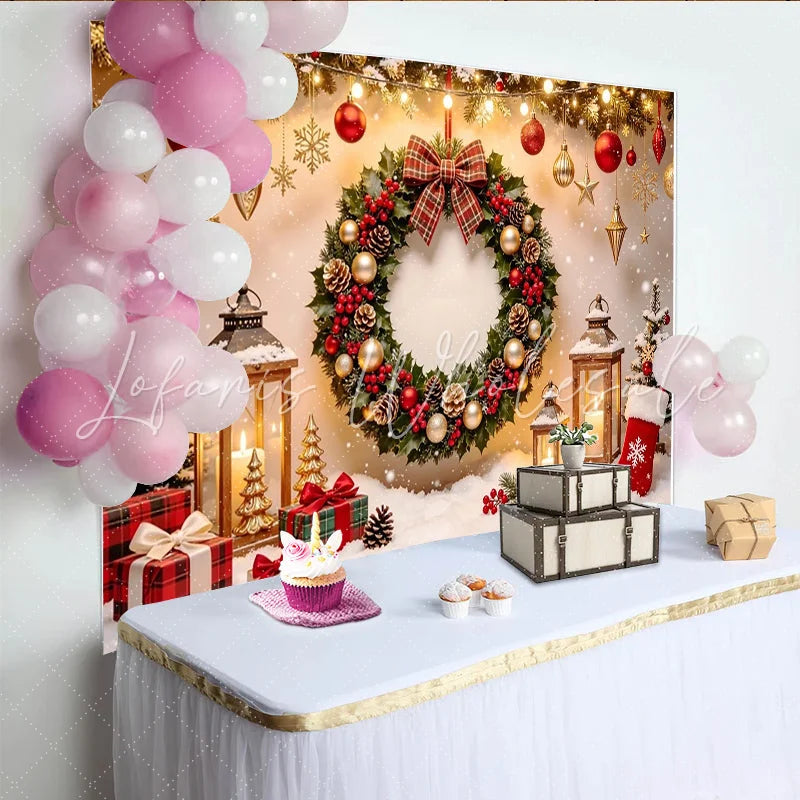 Lofaris Festive Red and Gold Christmas Backdrop with Wreath and Lanterns Cozy Winter Scene Photography Background for Holiday Decor