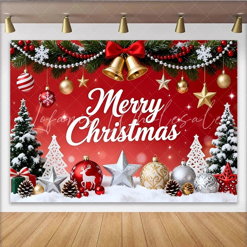 Lofaris Festive Red and Green Christmas Backdrop with Merry Christmas Text Golden Bells and Snowflakes for Winter Party Decor.