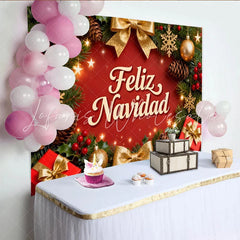 Lofaris Festive Red and Green Christmas Wreath Feliz Navidad Party Backdrop Golden Ornaments Holiday Celebration Decor