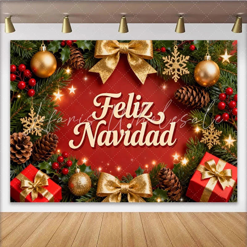 Lofaris Festive Red and Green Christmas Wreath Feliz Navidad Party Backdrop Golden Ornaments Holiday Celebration Decor