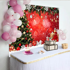 Lofaris Festive Red Christmas Tree Backdrop with Snow and Gifts Sparkling Holiday Party Background for Winter Photography