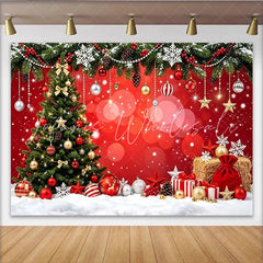 Lofaris Festive Red Christmas Tree Backdrop with Snow and Gifts Sparkling Holiday Party Background for Winter Photography