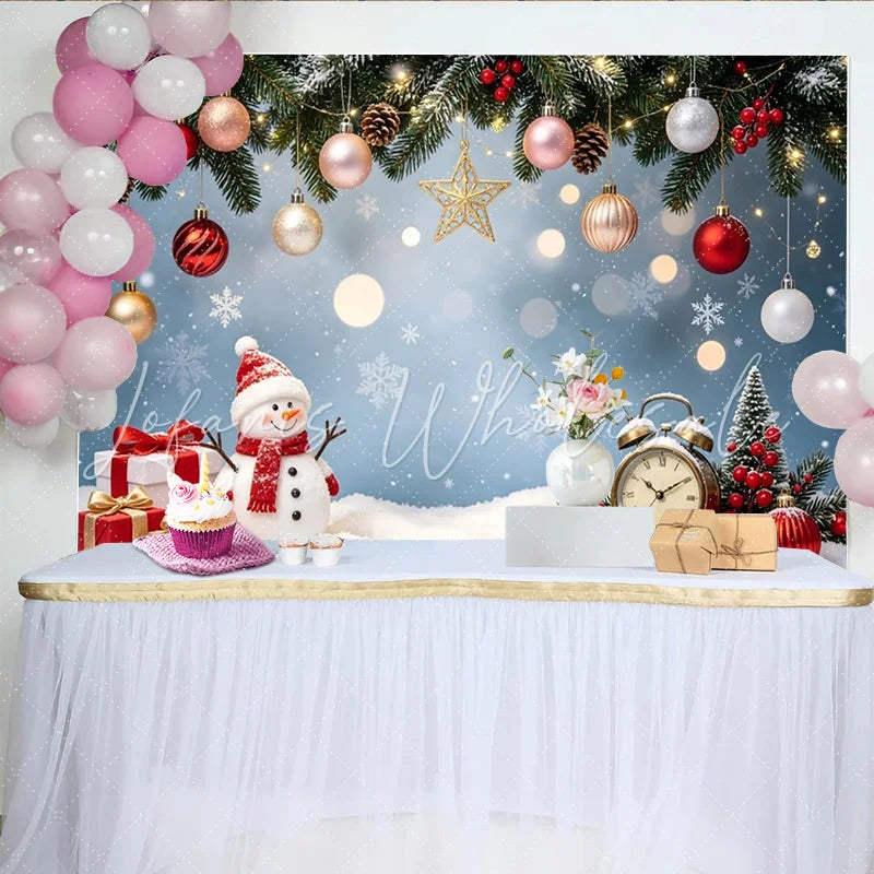 Lofaris Festive Snowman Christmas Backdrop with Ornaments and Gifts Snowy Winter Wonderland Background for Holiday Photoshoots