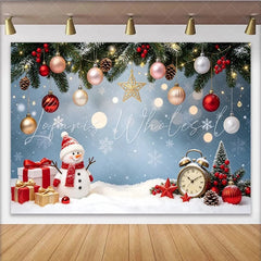 Lofaris Festive Snowman Christmas Backdrop with Ornaments and Gifts Snowy Winter Wonderland Background for Holiday Photoshoots