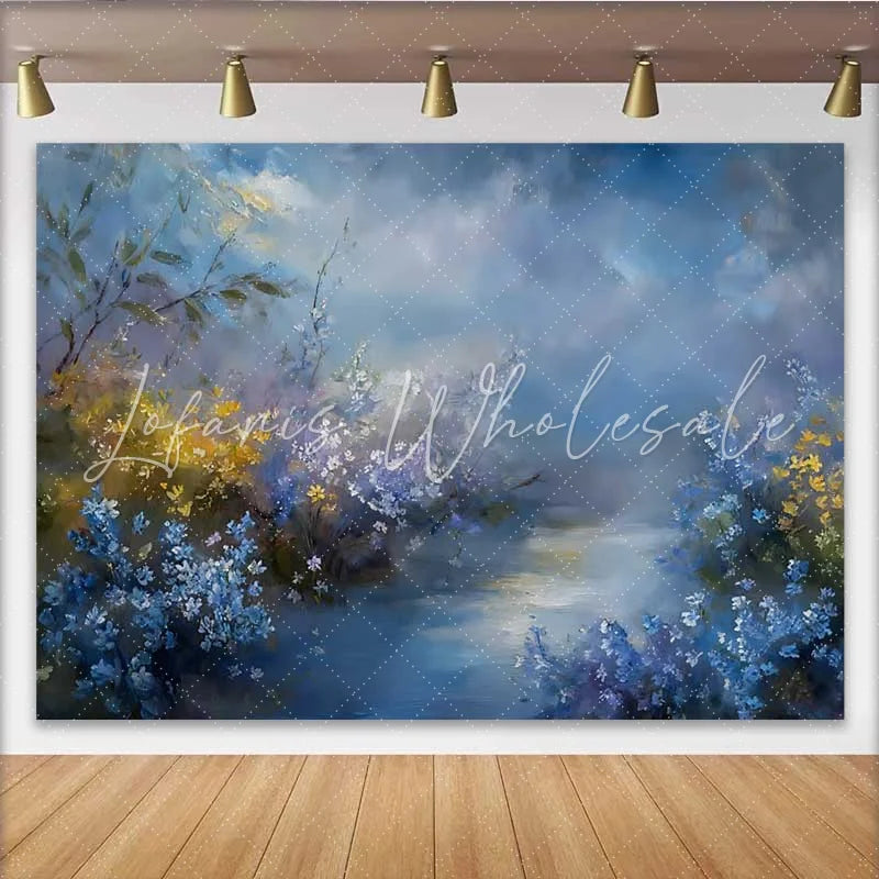Lofaris Fine Art Blue and Gold Floral Backdrop Dramatic Cloudy Sky Oil Painting Studio Background