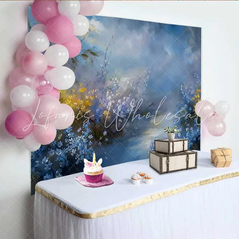 Lofaris Fine Art Blue and Gold Floral Backdrop Dramatic Cloudy Sky Oil Painting Studio Background