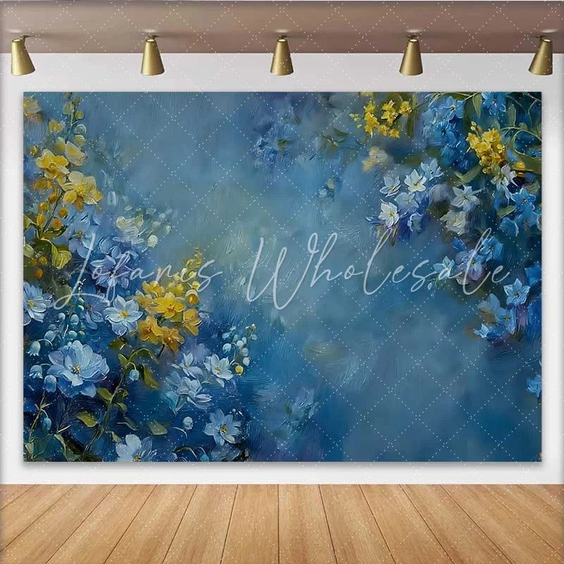 Lofaris Fine Art Blue and Yellow Floral Oil Painting Backdrop Abstract Botanical Studio Background