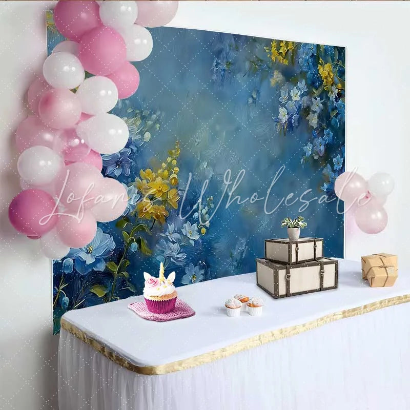 Lofaris Fine Art Blue and Yellow Floral Oil Painting Backdrop Abstract Botanical Studio Background